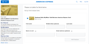 Screenshot showing the process to add an employee card to the Delta SkyMiles Gold Business American Express Card
