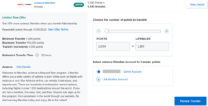 Screenshot showing details of Amex Membership Rewards transfer bonus to LifeMiles