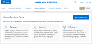 Screenshot showing the process to add an employee card to an Amex account