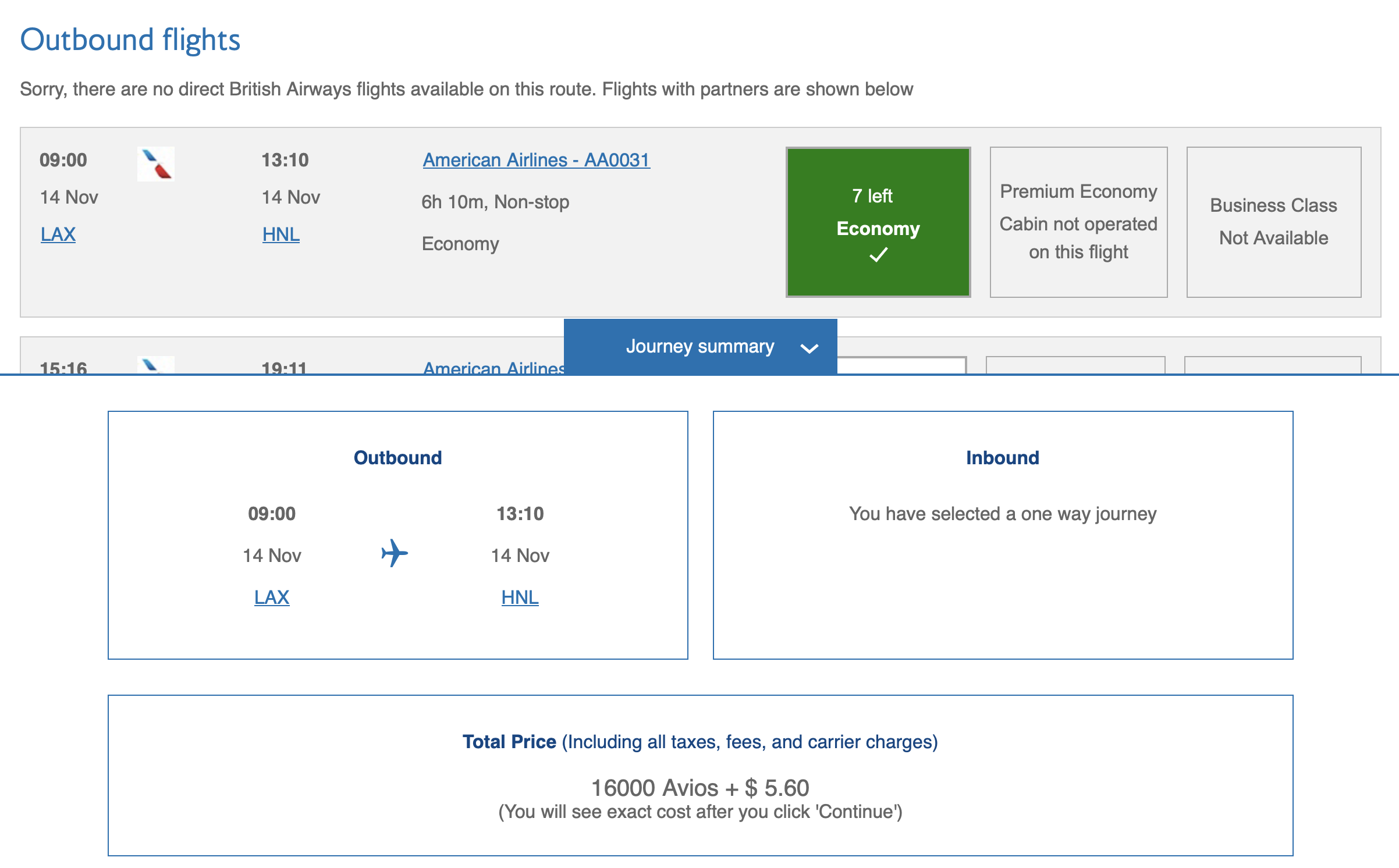 Avios award from LAX to HNL