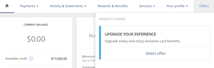 Image showing an offer to upgrade the card but no bonus miles offer