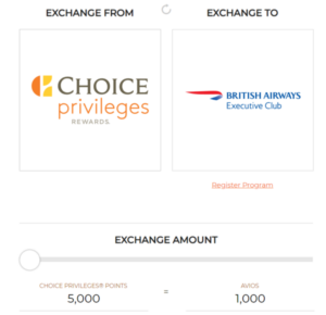 Choice exchange screen - convert Choice points to British Airways Avios.