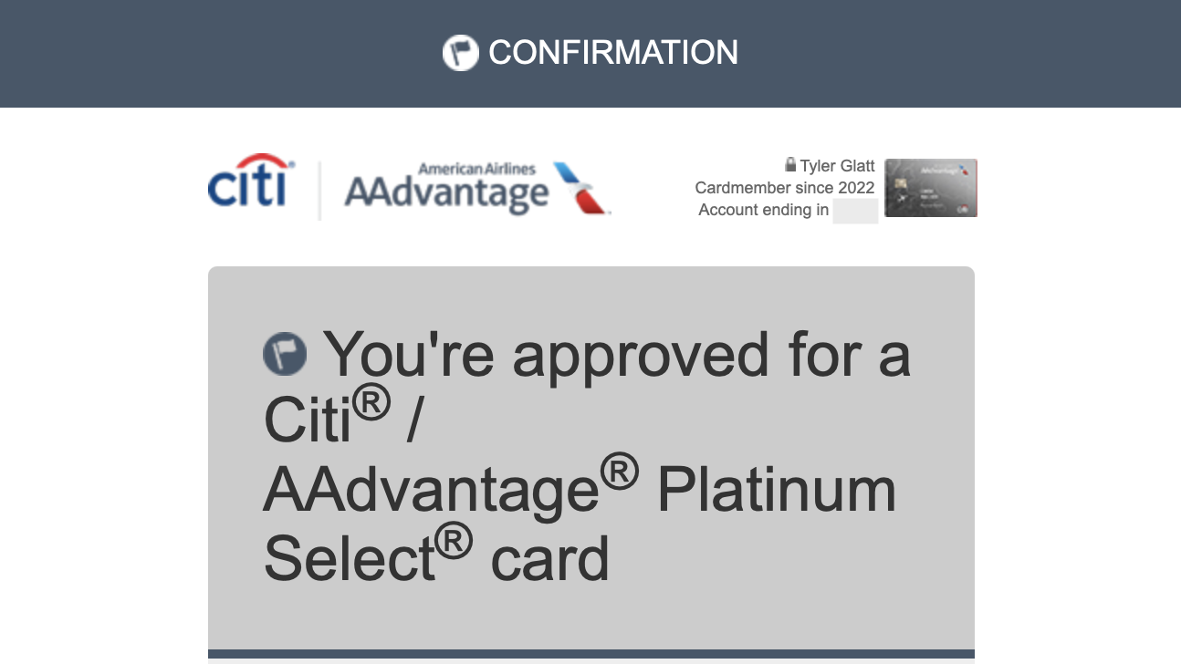 Citi® / AAdvantage® Platinum Select® card approval email.