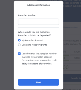 Screenshot showing webform to enter your Aeroplan number to get Aeroplan points for donating to Miles4Migrants