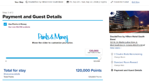 Screenshot showing DoubleTree by Hilton Hotel South Bend bookable for 120,000 points for two nights