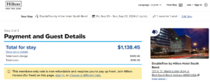 Screenshot showing DoubleTree by Hilton Hotel South Bend bookable for $1,138 for two nights
