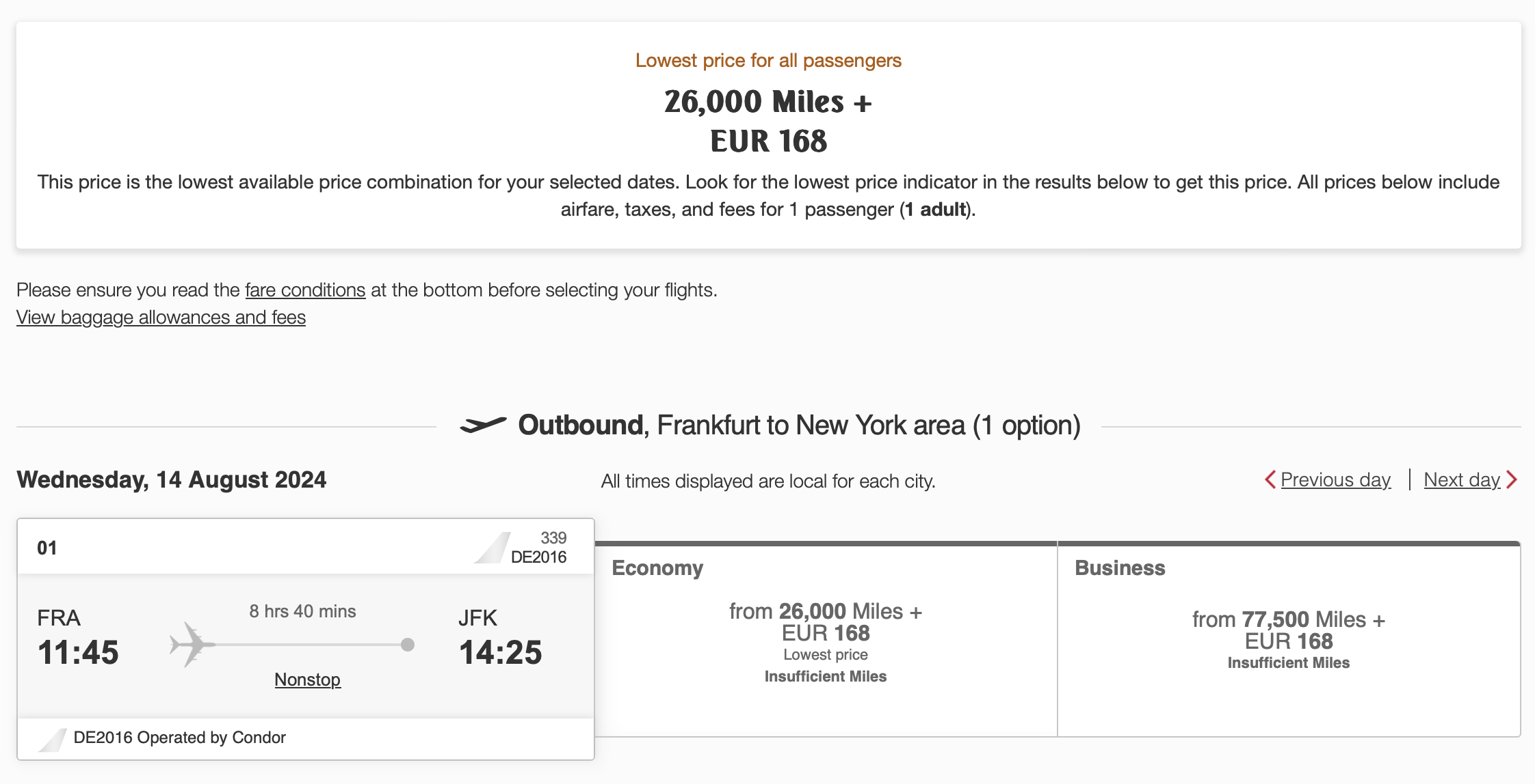 Condor Award bookable through Emirates.