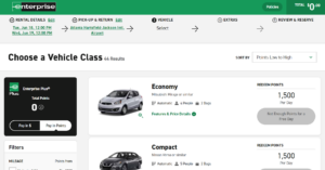 Screenshot showing Enterprise website with option to "pay with cash" or "pay with points"