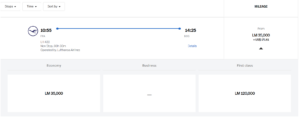 Screenshot showing LifeMiles award pricing from Frankfurt to Boston