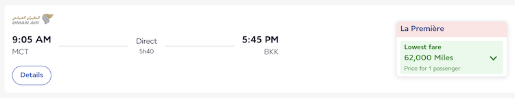 Flying Blue booking for Oman Air first class MCT-BKK for 62k miles