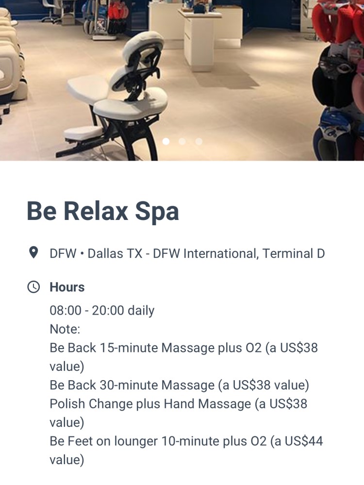 Screen shot from Priority Pass showing information about the Be Relax spa at DFW airport