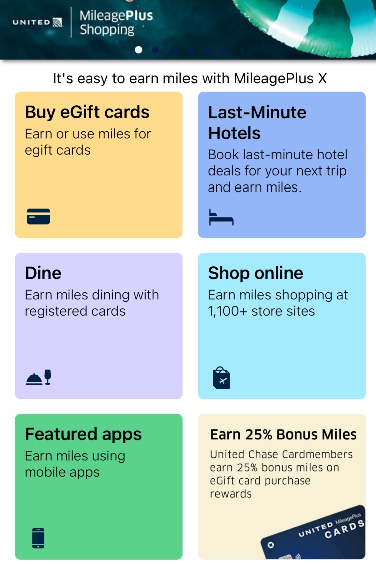 Screen shot from the Unite MileagePlus X home screen displaying the ways to earn miles through the app.
