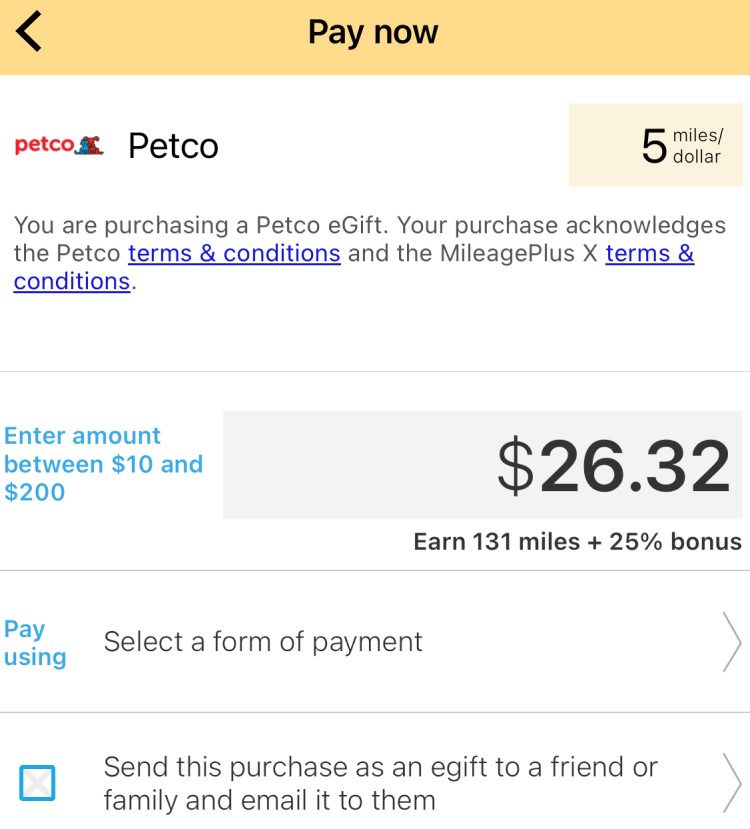 Screen shot from the MileagePlus X app payment screen.