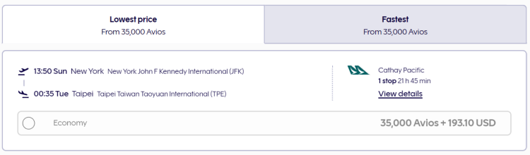 Screen shot of a flight option you can book using Finnair avios flying from JFK to Taipei.