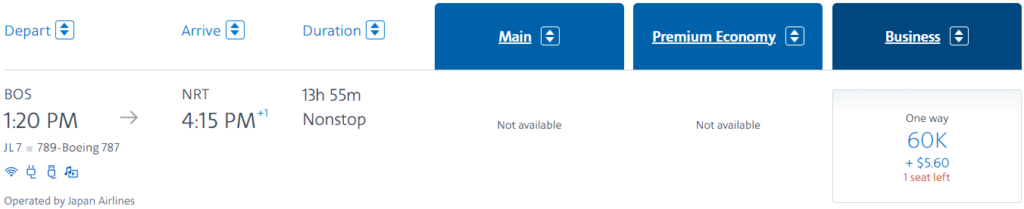 Redeem 60K AA miles on JL business class between BOS and NRT