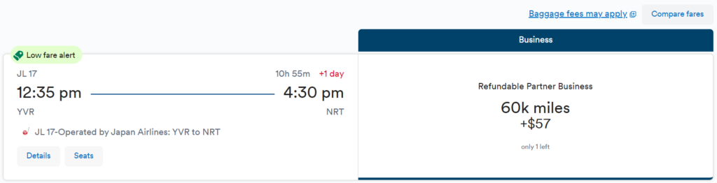 JL business class flight from YVR to NRT via AS