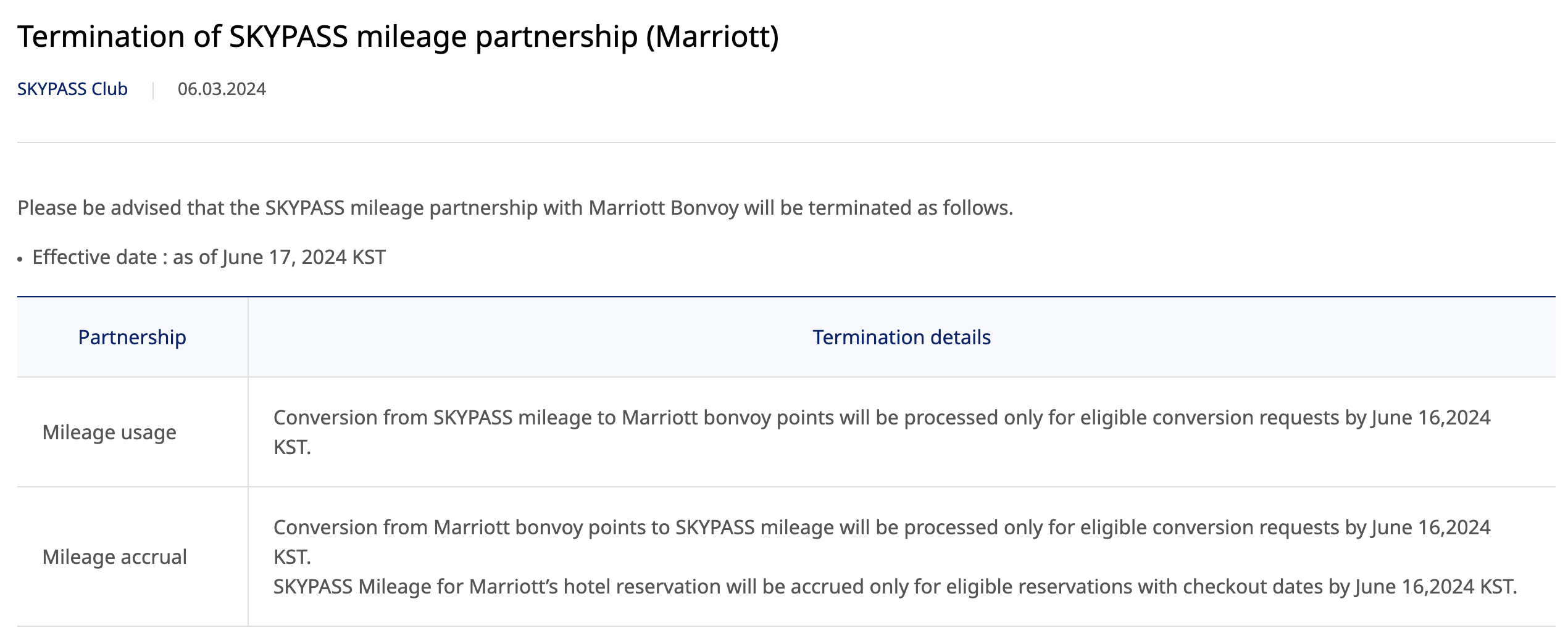 Korean Air statement that its partnership with Marriott is ending.