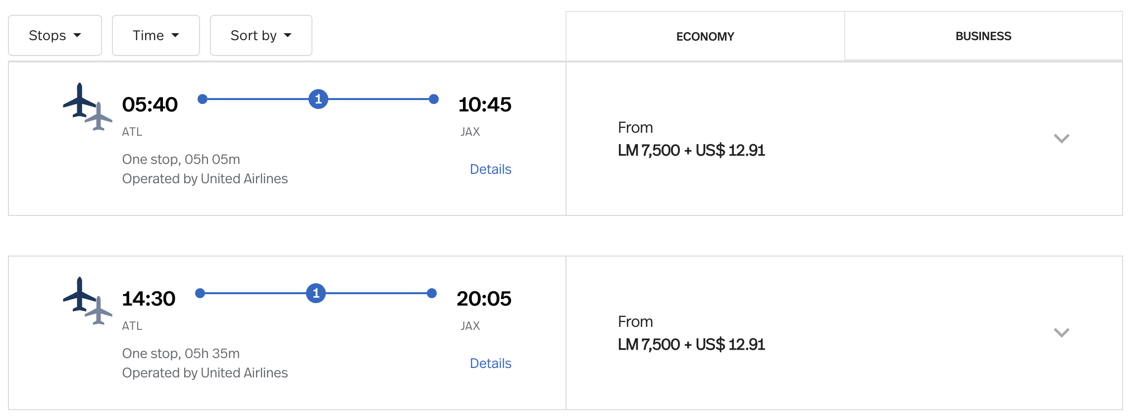United itinerary from ATL to JAX.