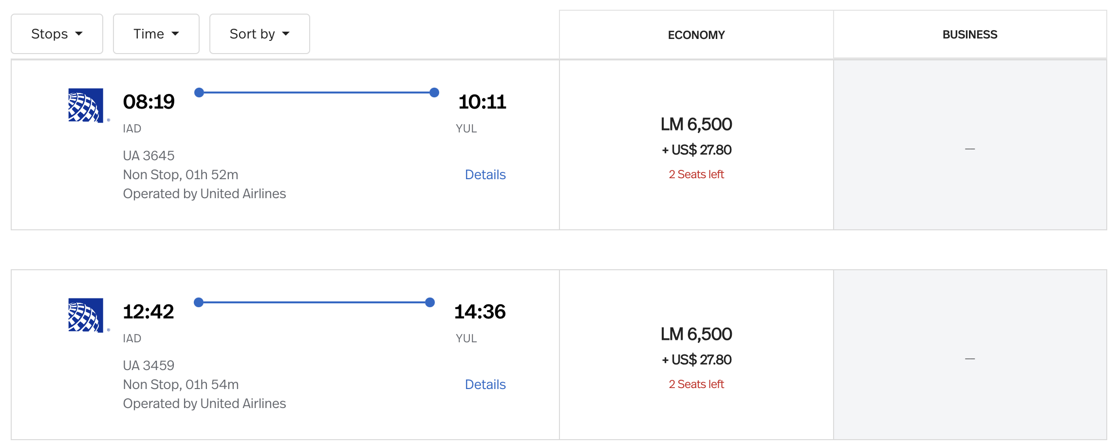 United itinerary from IAD to YUL.