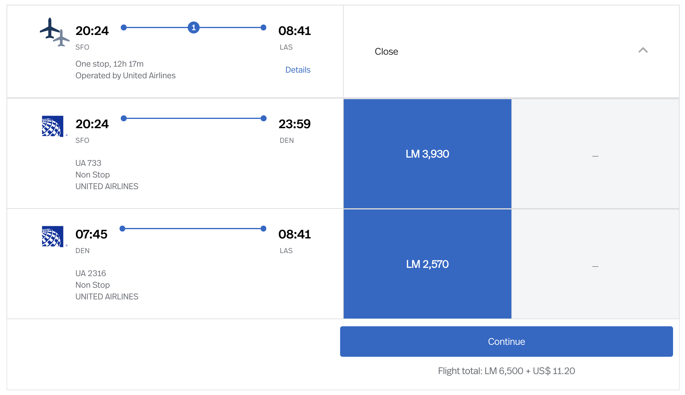 United itinerary from SFO to LAS via DEN.