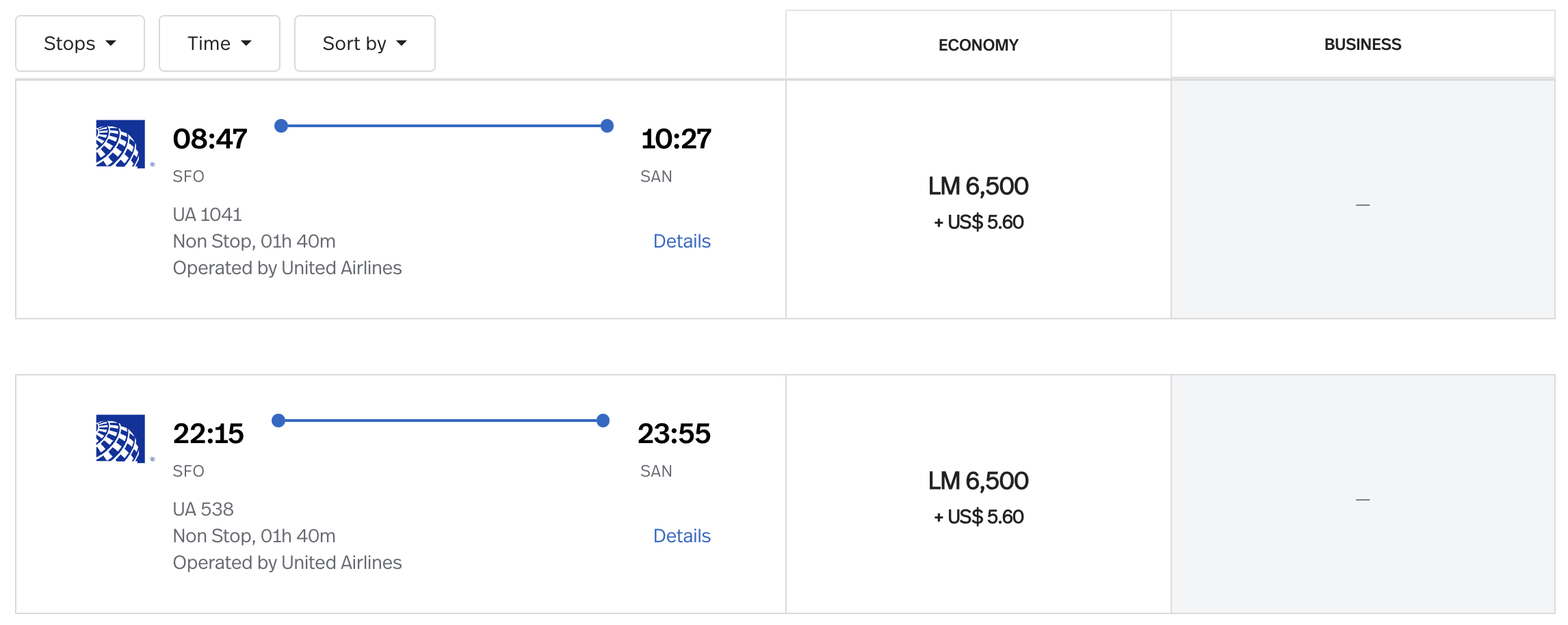 United itinerary from SFO to SAN.