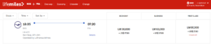 Screenshot showing LifeMiles award pricing between Boston and Frankfurt