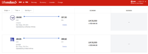 Screenshot showing LifeMiles award pricing between Newark and Frankfurt