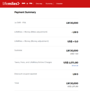 Screenshot of LifeMiles award checkout page showing $1,071.80 in taxes and fees on economy award