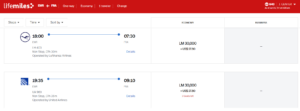 Screenshot showing revised LifeMiles award pricing between Newark and Frankfurt