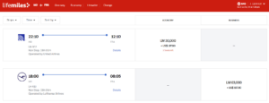 Screenshot showing LifeMiles award pricing between Washington DC and Frankfurt