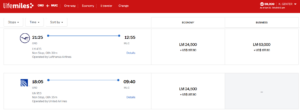 Screenshot showing LifeMiles award pricing between Chicago and Munich
