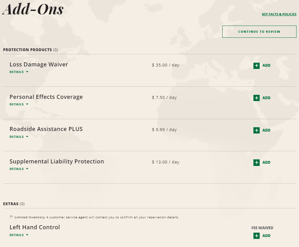 National Car Rental Add-Ons menu