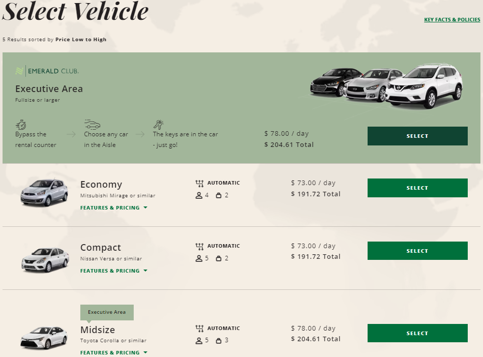 National Car Rental vehicle selection screen