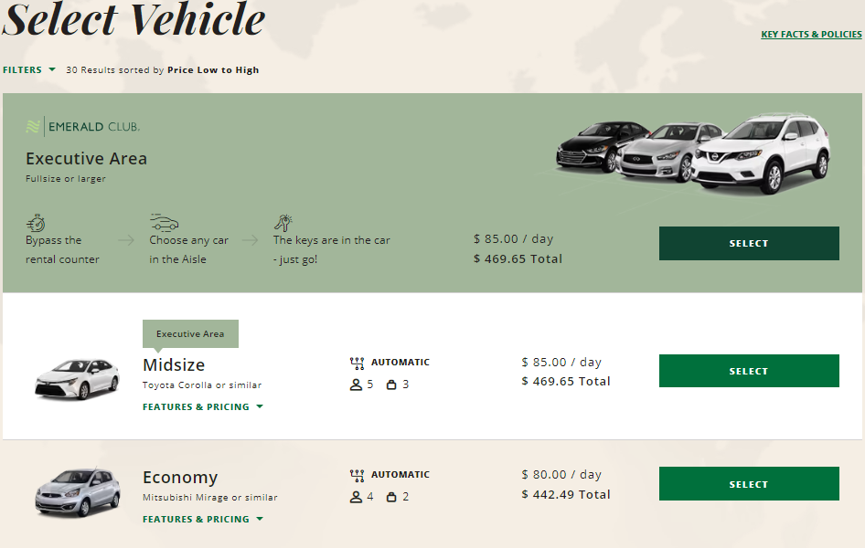 National Car Rental reservation options for LAX rental.