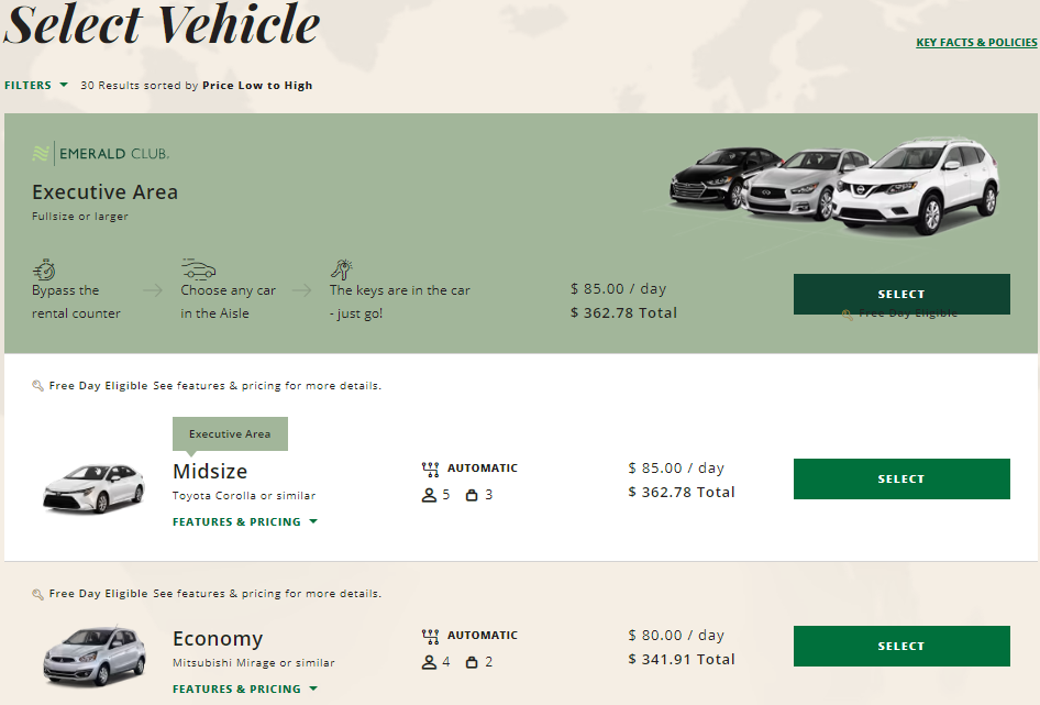 National Car Rental reservation options for LAX with free day applied.