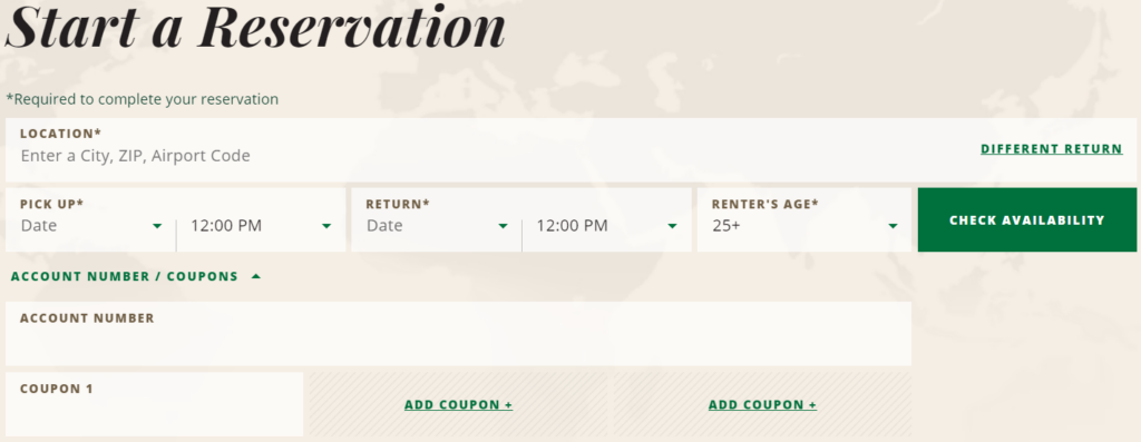 National Car Rental reservation menu