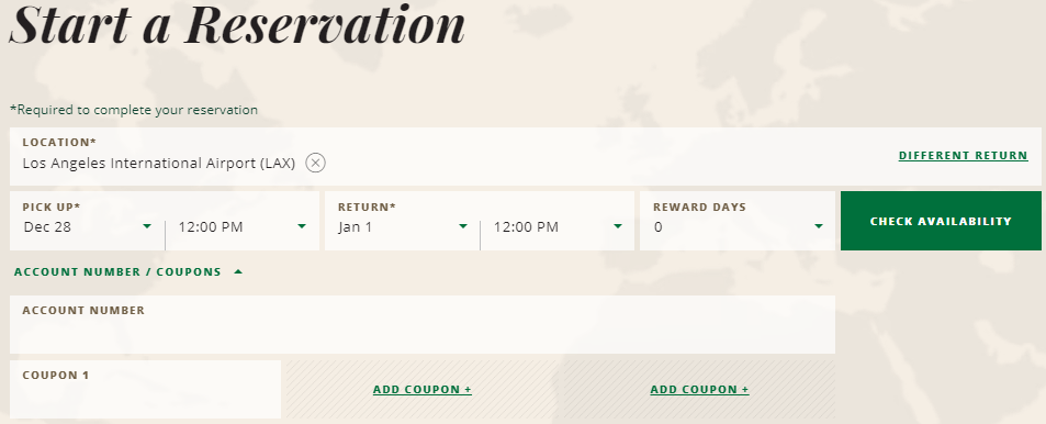 National Car Rental reservation menu for LAX rental.