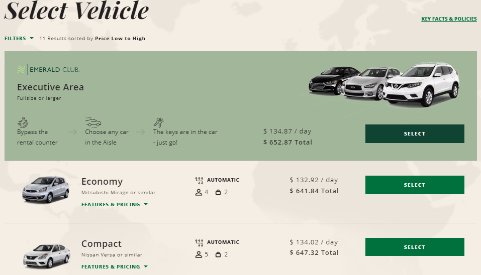 National Car Rental reservation options for SFO to LAX one-way rental.