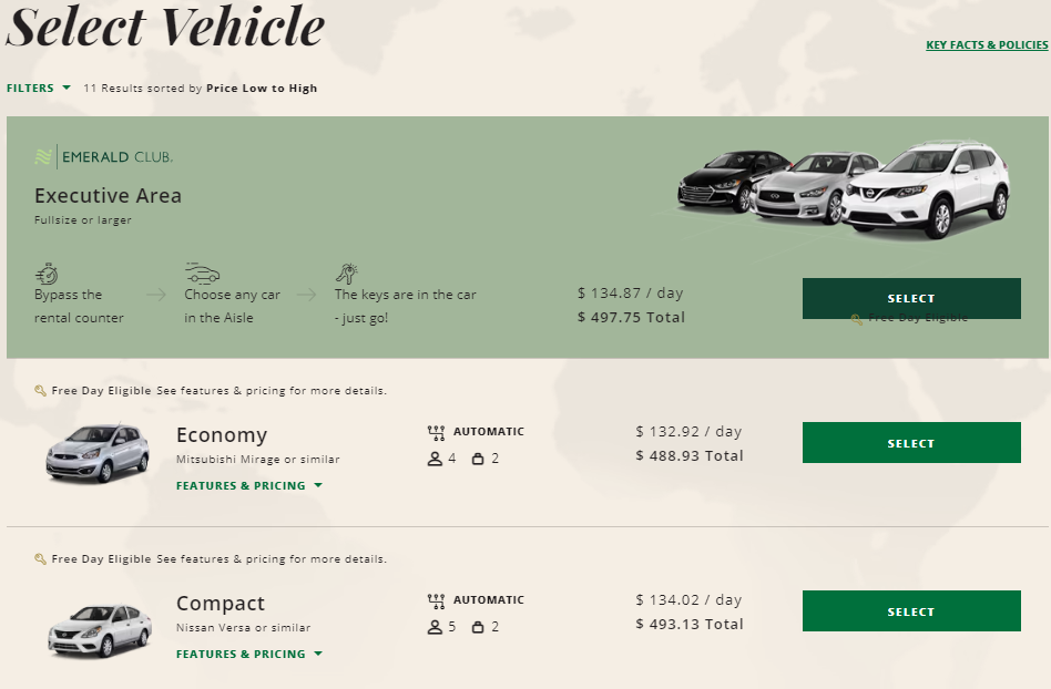 National Car Rental reservation options for SFO to LAX one-way rental with Free Day applied.