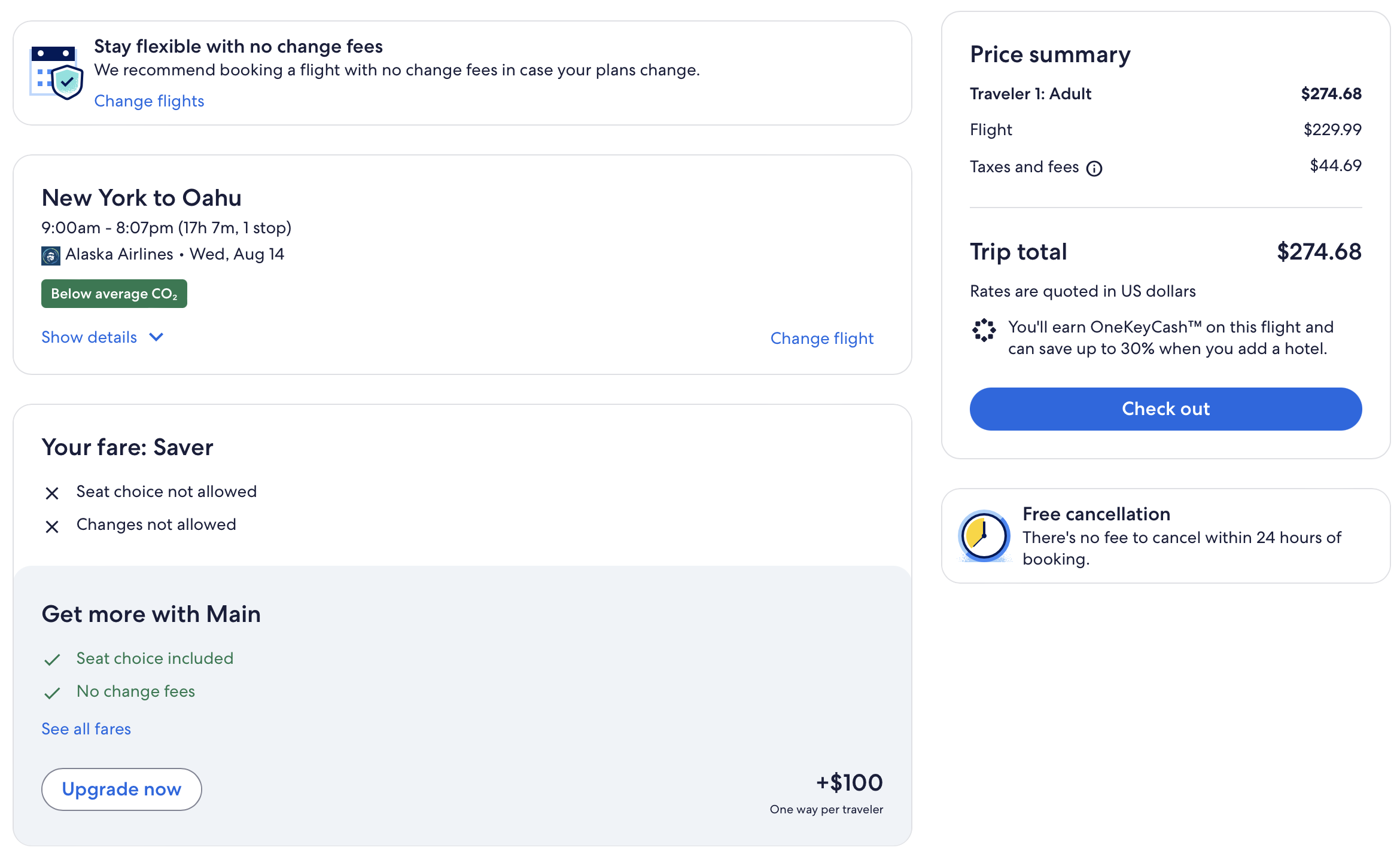 Alaska flight itinerary from JFK to HNL bookable through Expedia.