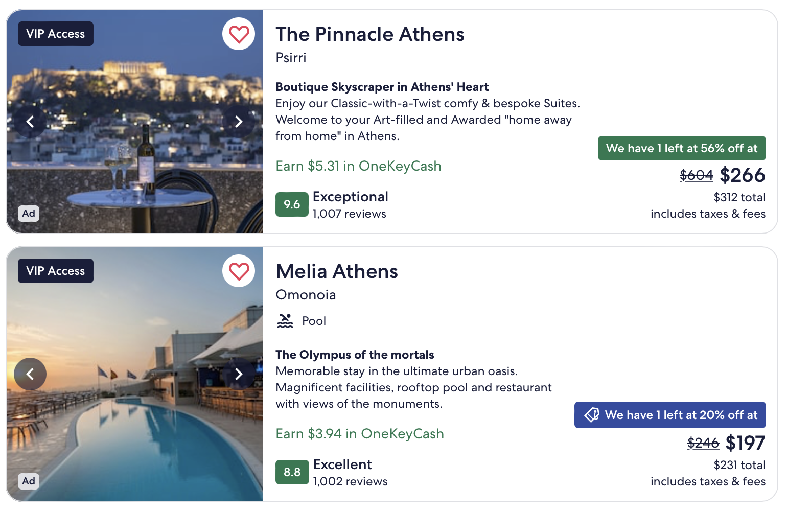 Athens hotels bookable through One Key.