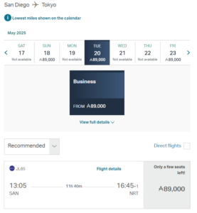 Screenshot showing Asia Miles award search results from San Diego to Tokyo for 89,000 Asia Miles in business class