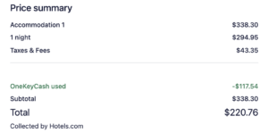 booking confirmation through hotels.com showing the use of OneKeyCash at checkout