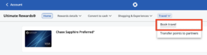 screenshot of the chase website showing the Chase Sapphire Preferred and where to click for Chase Travel