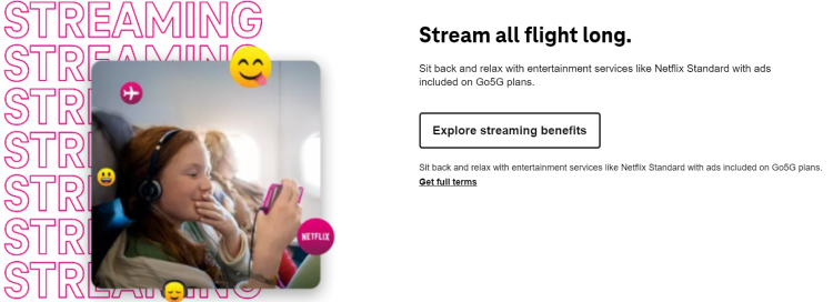 Screen shot from T-Mobile website showing that some T-Mobile customers have access to free in-flight wi-fi