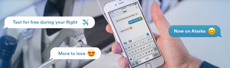 Screen shot from Alaska Airlines showing a hand holding a phone and text messaging from an airplane seat