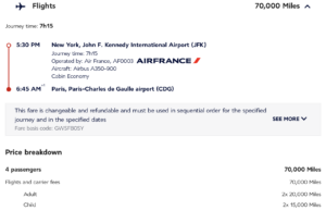Air France checkout process showing flights from JFK to CDG for a family of four costing 70,000 points
