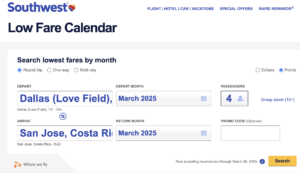 southwest low fare calendar search from DAL to SJO