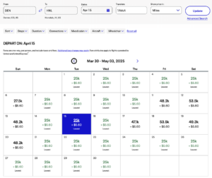 United award calendar showing prices in March and April 2025 from SFO to HNL