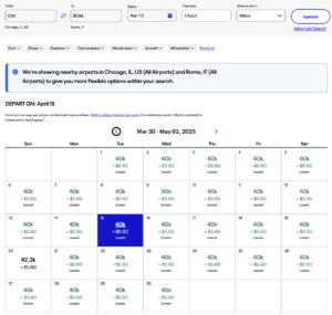 United award calendar for May 2025 from Chicago to Rome